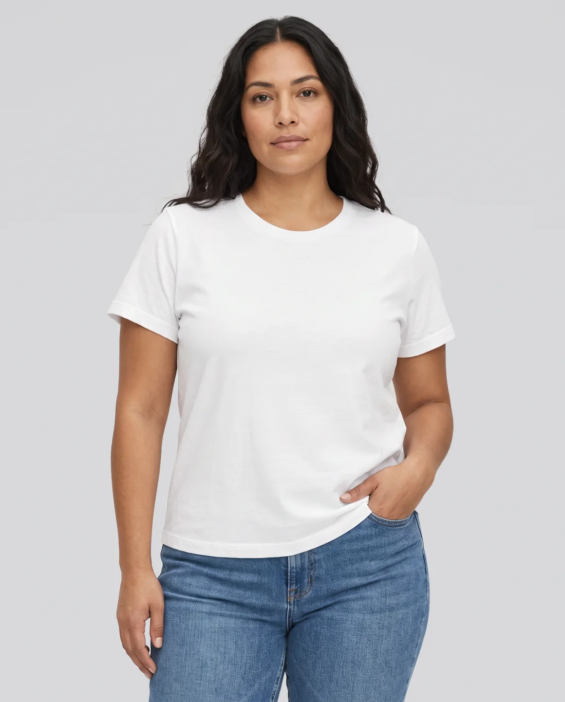 Women's Hybrid Relaxed tee in White, worn in size L