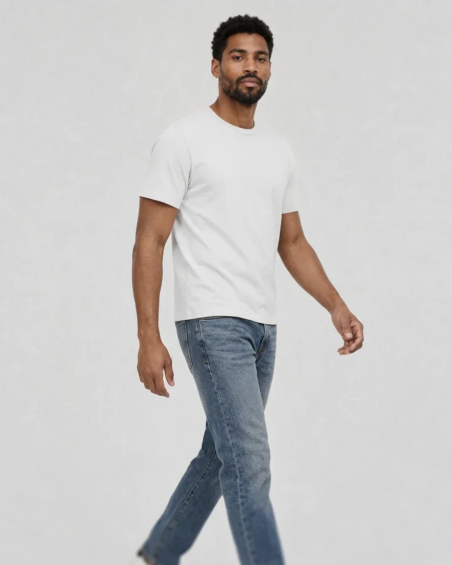 Men's Cotton Fitted, walking fit on model in the original shoot color