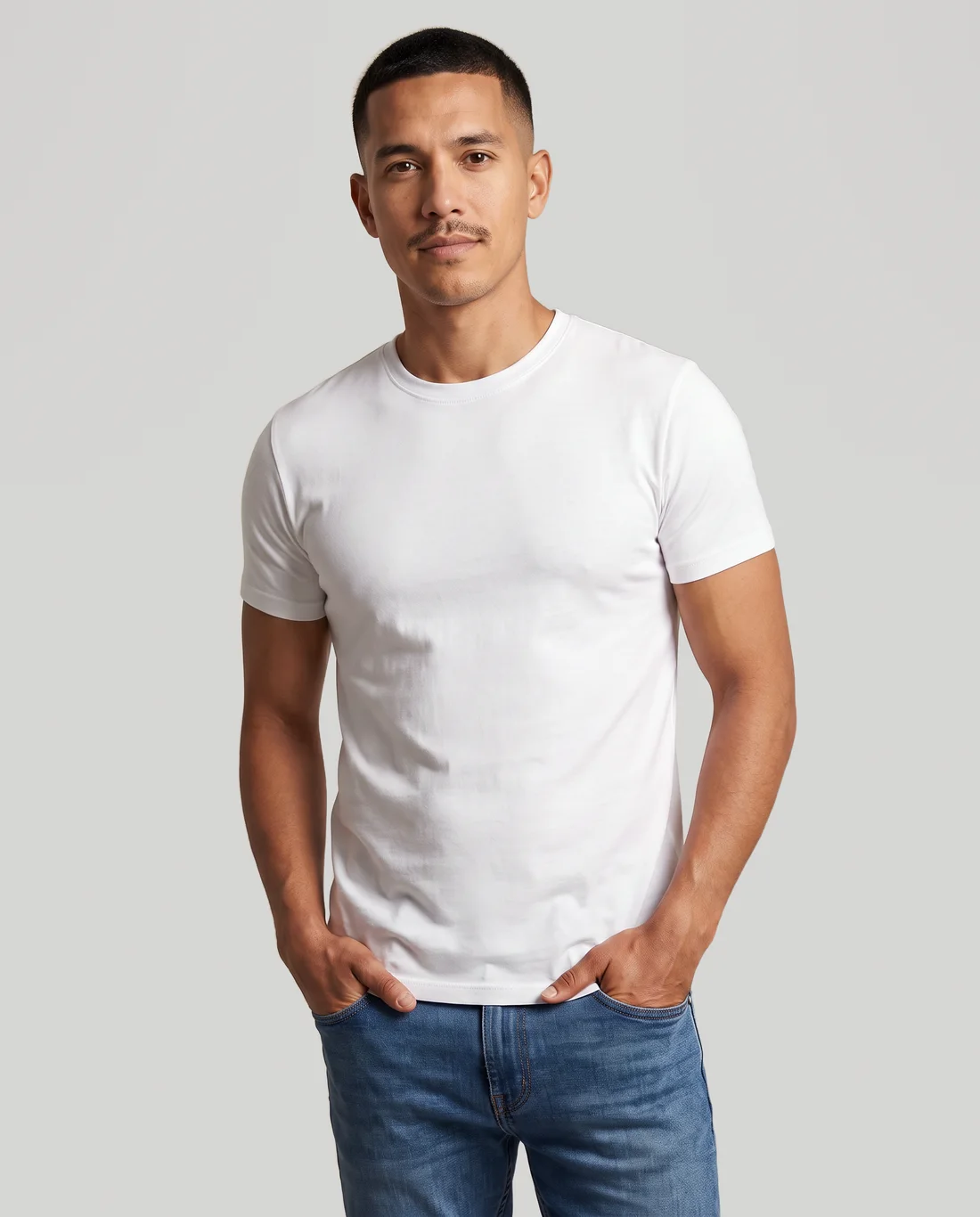 Men's Cotton Fitted tee in White, worn in size S