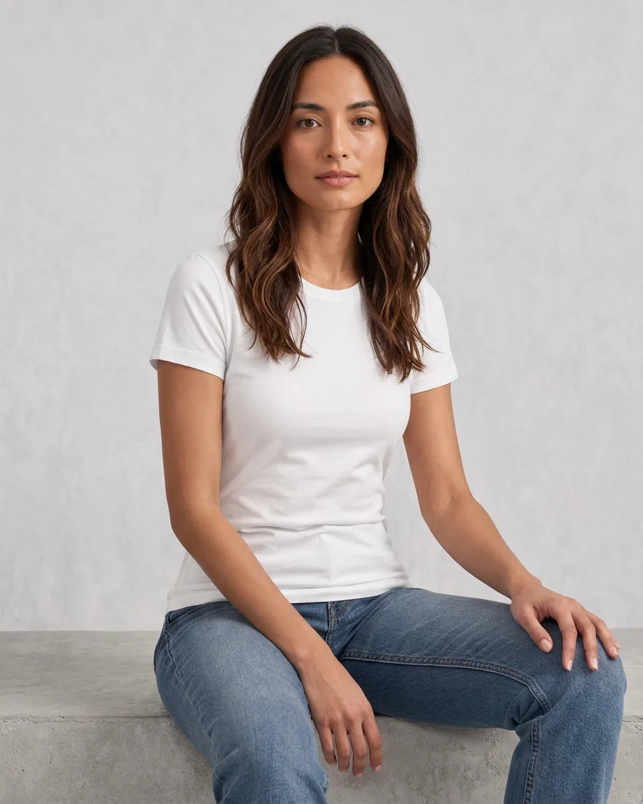 Women's Hybrid Fitted, seated fit on model in the original shoot color