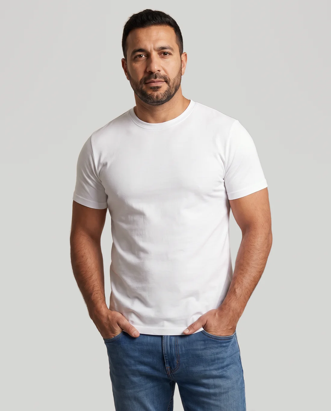 Men's Cotton Fitted tee in White, worn in size XL