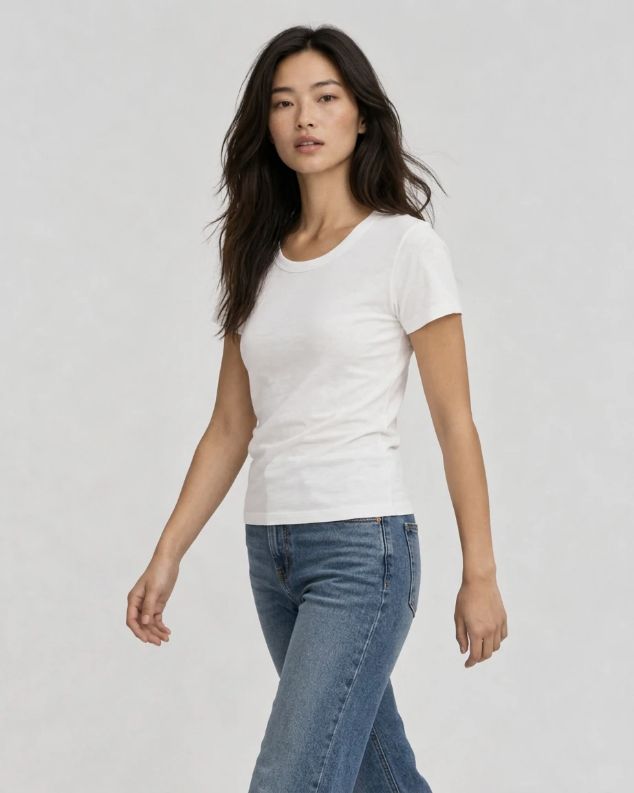 Women's Cotton Fitted, walking fit on model Women's Cotton Fitted, walking fit on model