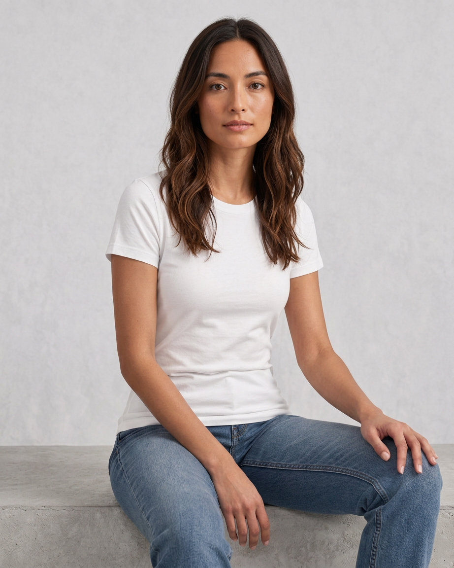 Women's Hybrid Fitted, seated fit on model Women's Hybrid Fitted, seated fit on model