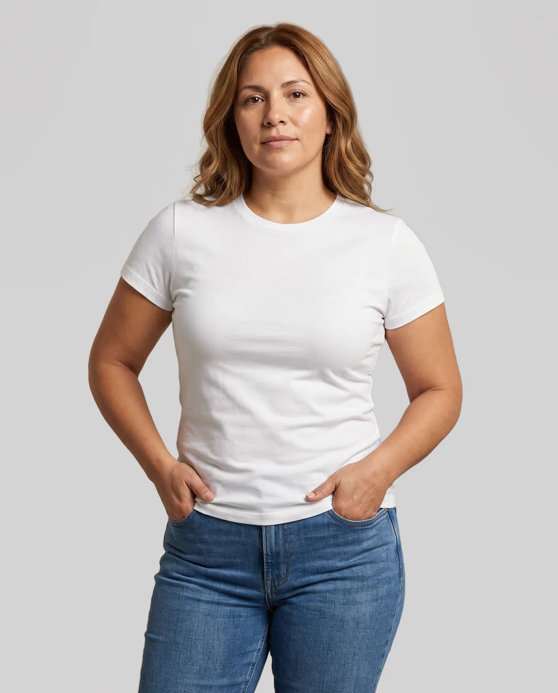 Women's Hybrid Fitted tee in White, worn in size L