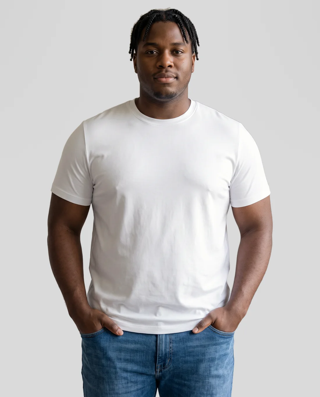 Men's Hybrid Fitted tee in White, worn in size 2XL