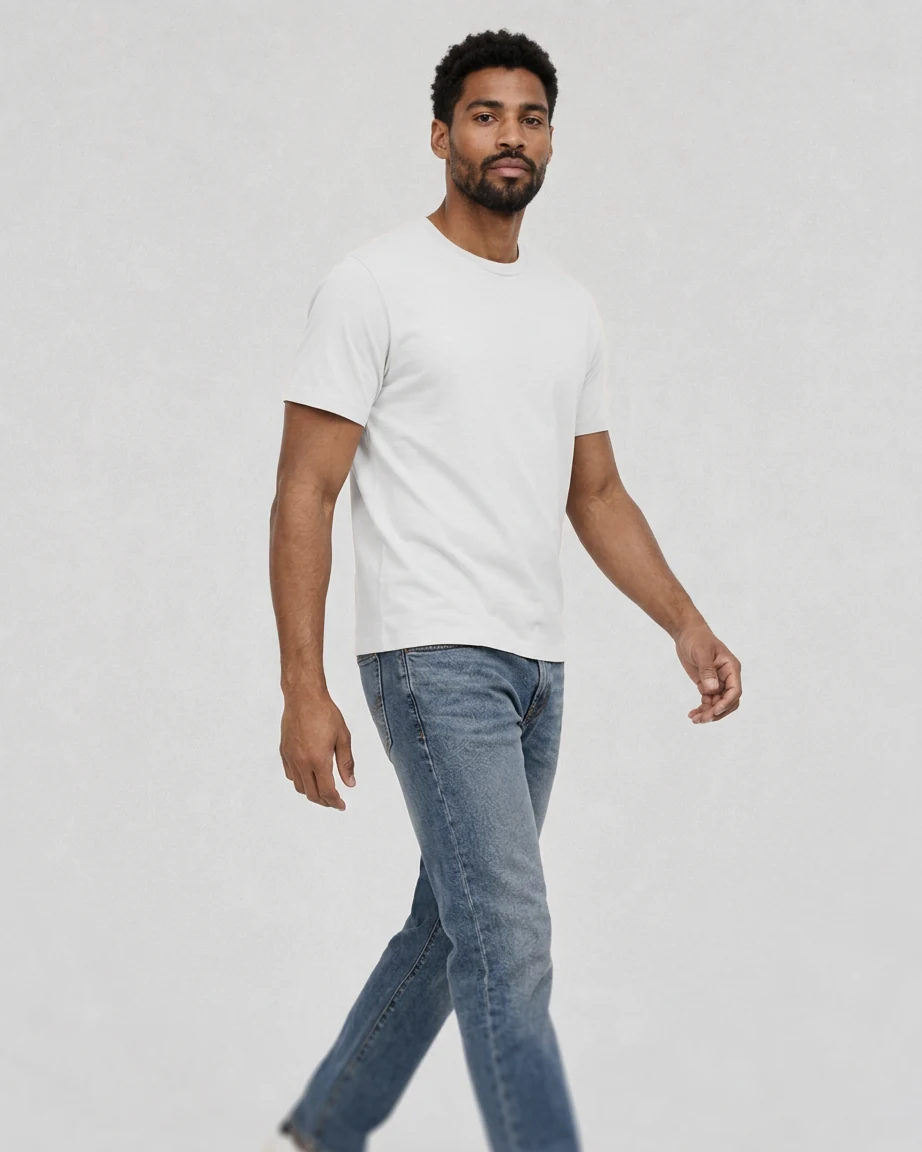 Men's Cotton Fitted, walking fit on model Men's Cotton Fitted, walking fit on model