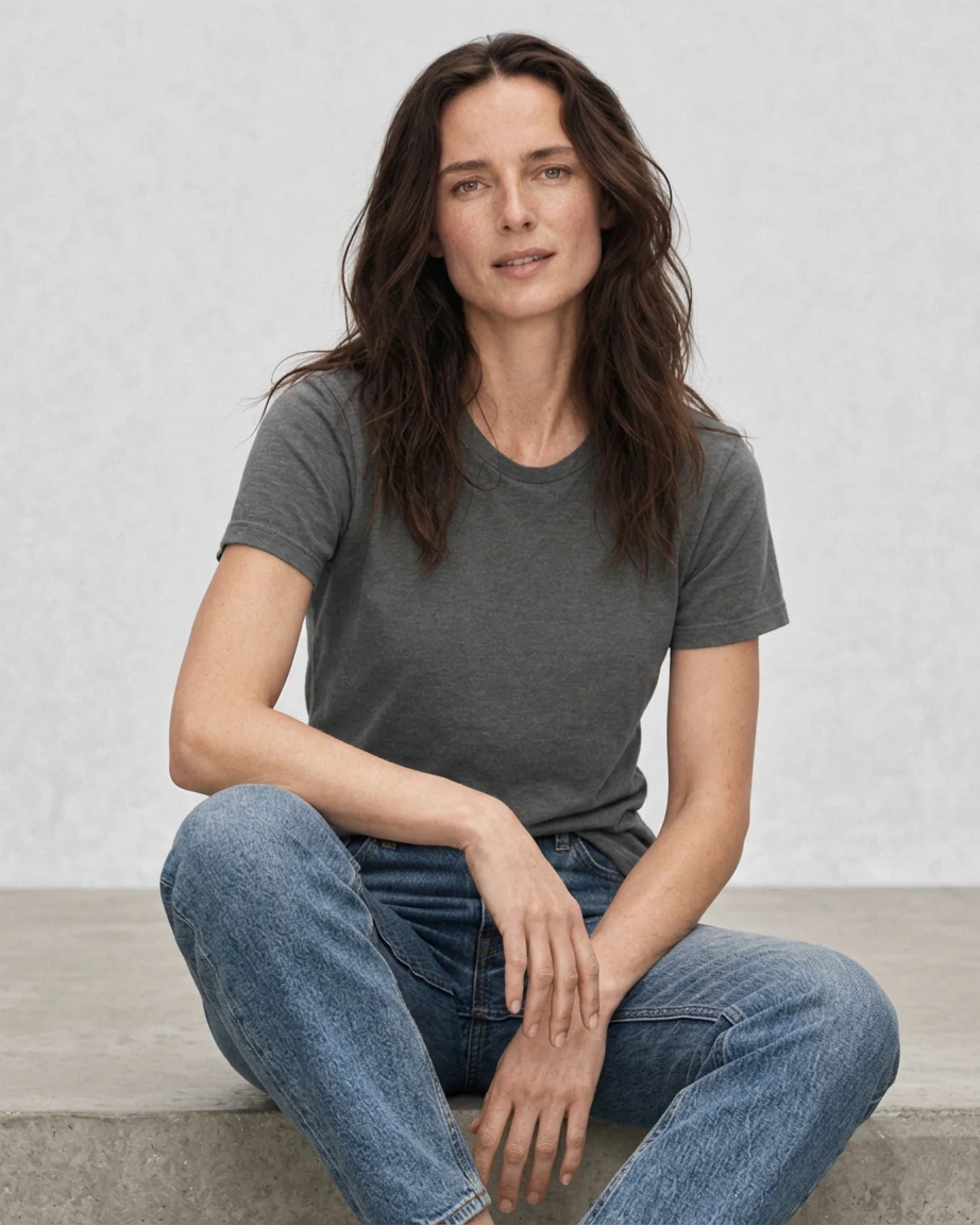 A woman wearing a charcoal W1 T-shirt, seated