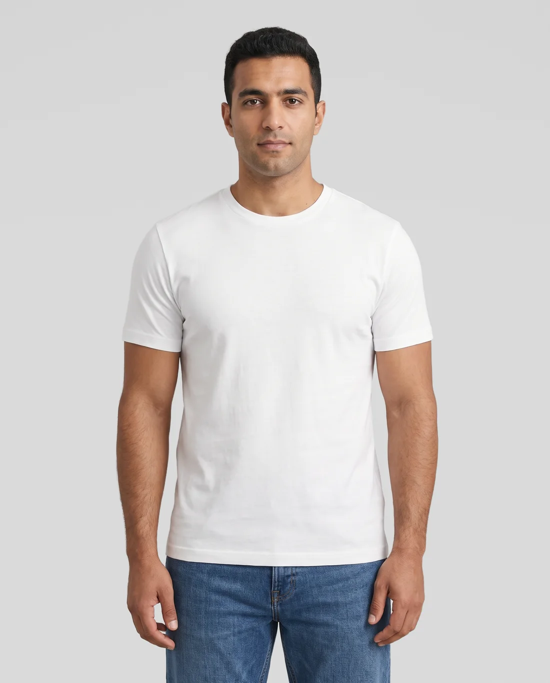 Men's Hybrid Fitted tee in White, worn in size L
