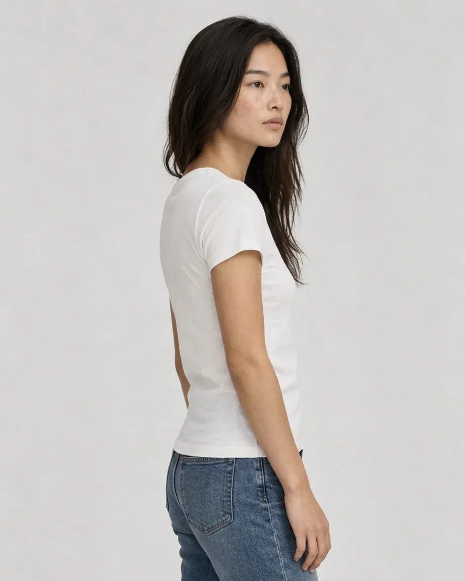 Women's Cotton Fitted, side fit on model in the original shoot color