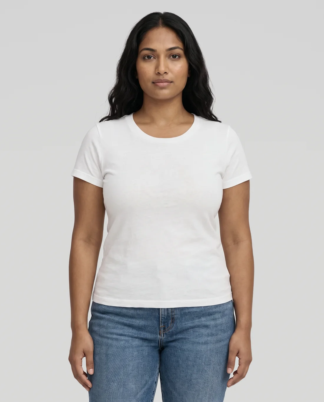 Women's Cotton Fitted tee in White, worn in size L