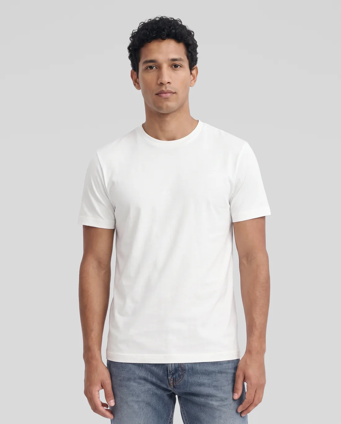 Men's Hybrid Fitted tee in White, worn in size S