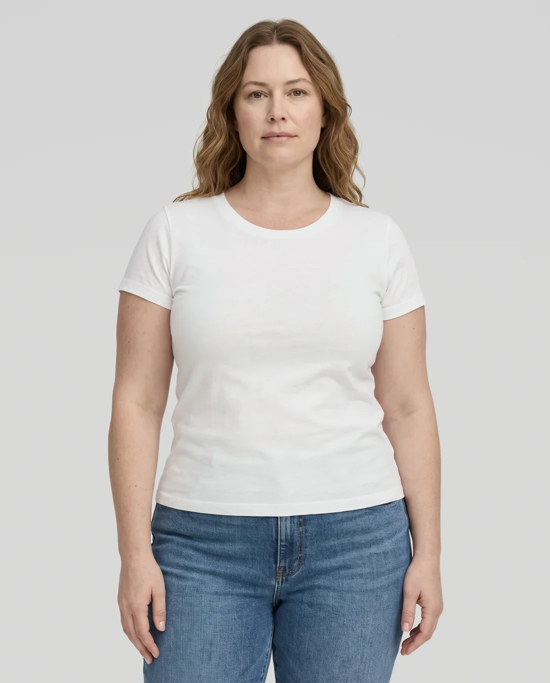 Women's Cotton Fitted tee in White, worn in size 2XL