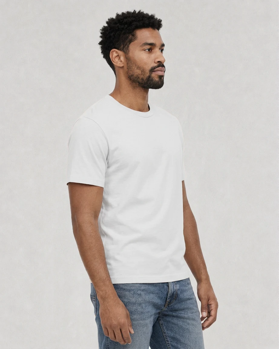 Men's Cotton Fitted, side fit on model Men's Cotton Fitted, side fit on model