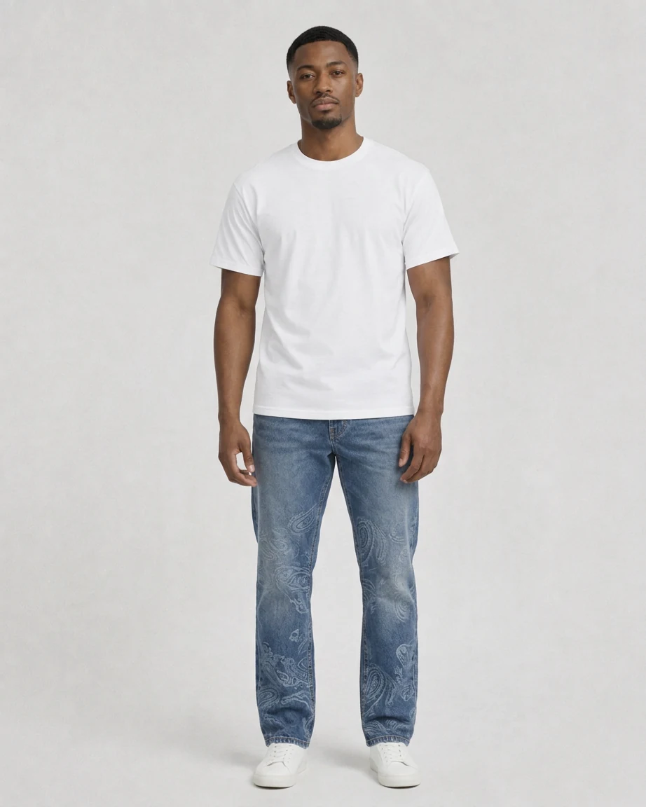 Men's Hybrid Relaxed — Midweight, full-length fit on model Men's Hybrid Relaxed — Midweight, full-length fit on model