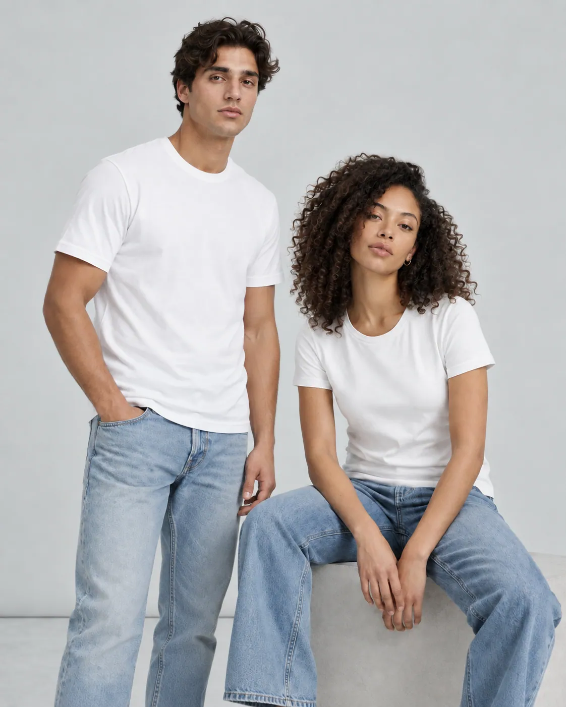 Two models wearing white TSHIRTS.COM tees