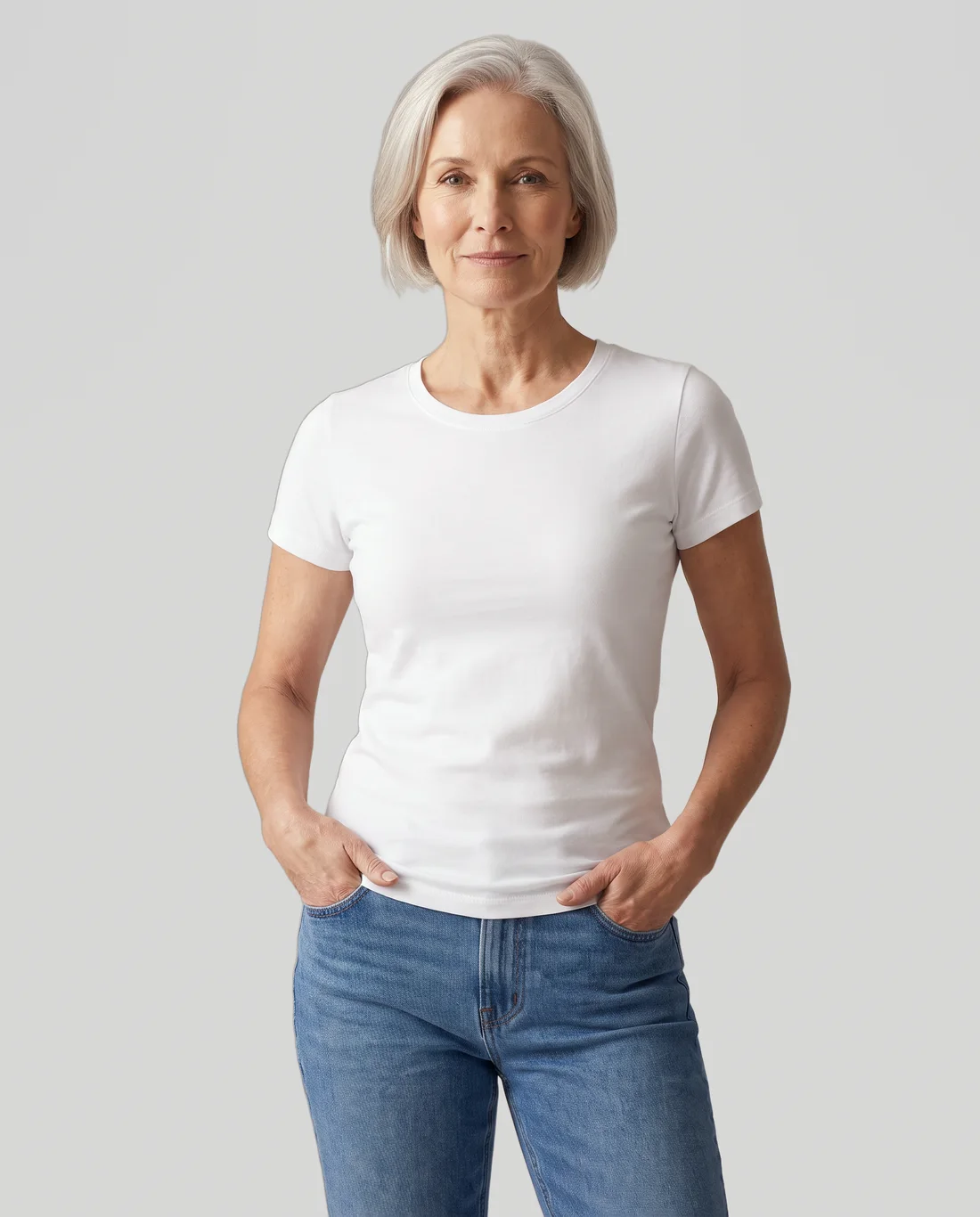 Women's Cotton Fitted tee in White, worn in size S