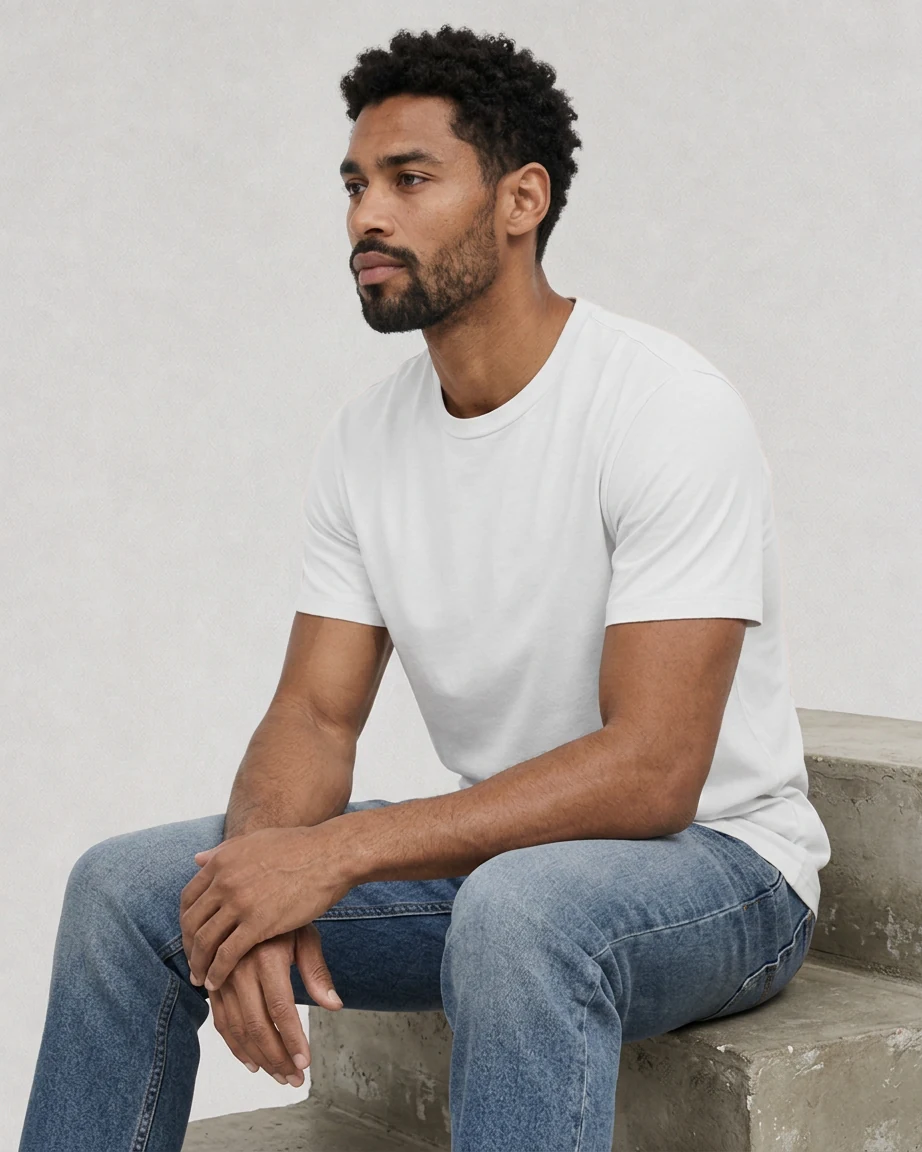 Men's Cotton Fitted, seated fit on model Men's Cotton Fitted, seated fit on model