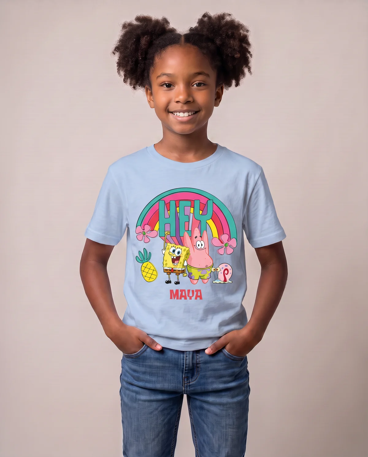Light Blue kids' cotton T-shirt with the SpongeBob Hey design personalized with MAYA