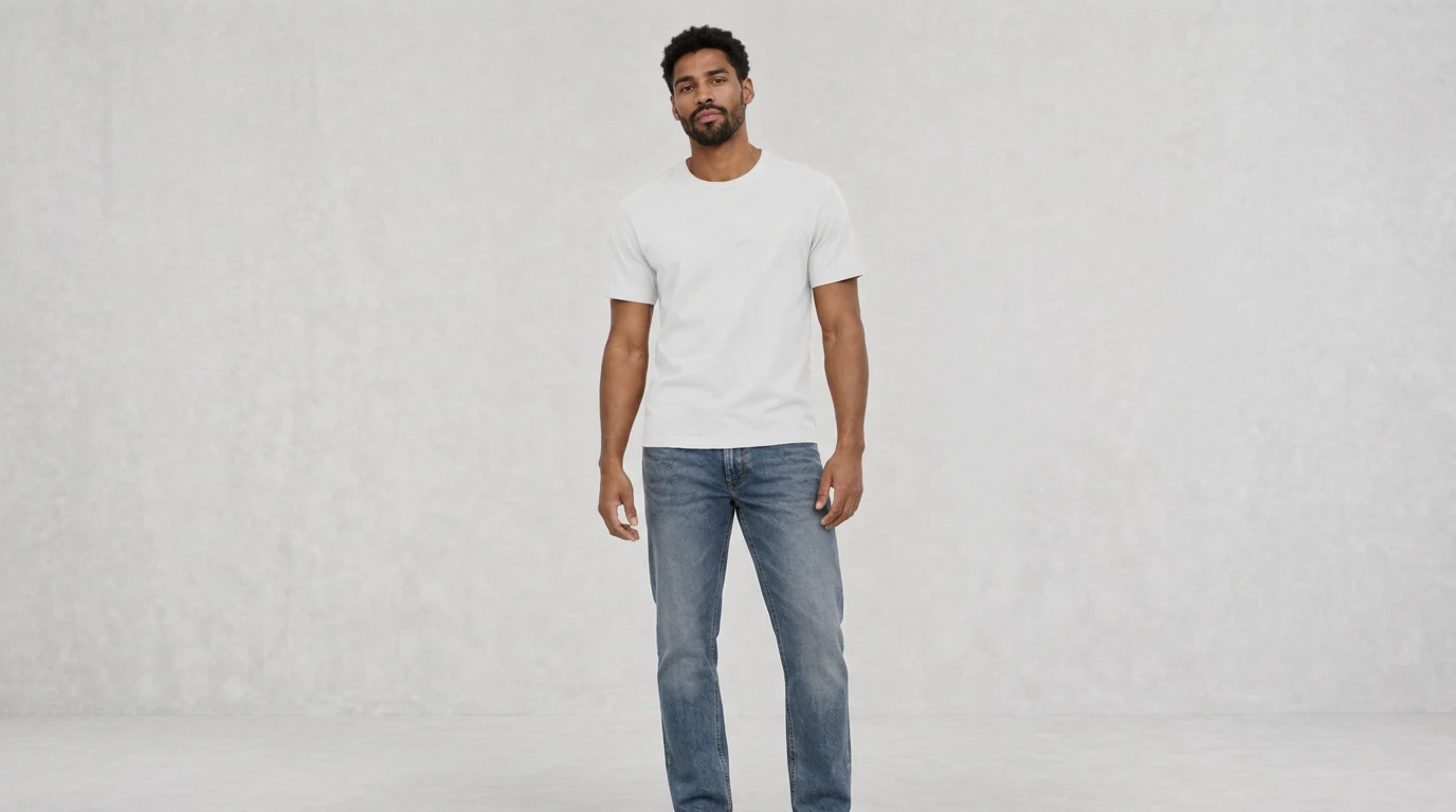 Men's Cotton Fitted, full-length fit on model Men's Cotton Fitted, full-length fit on model