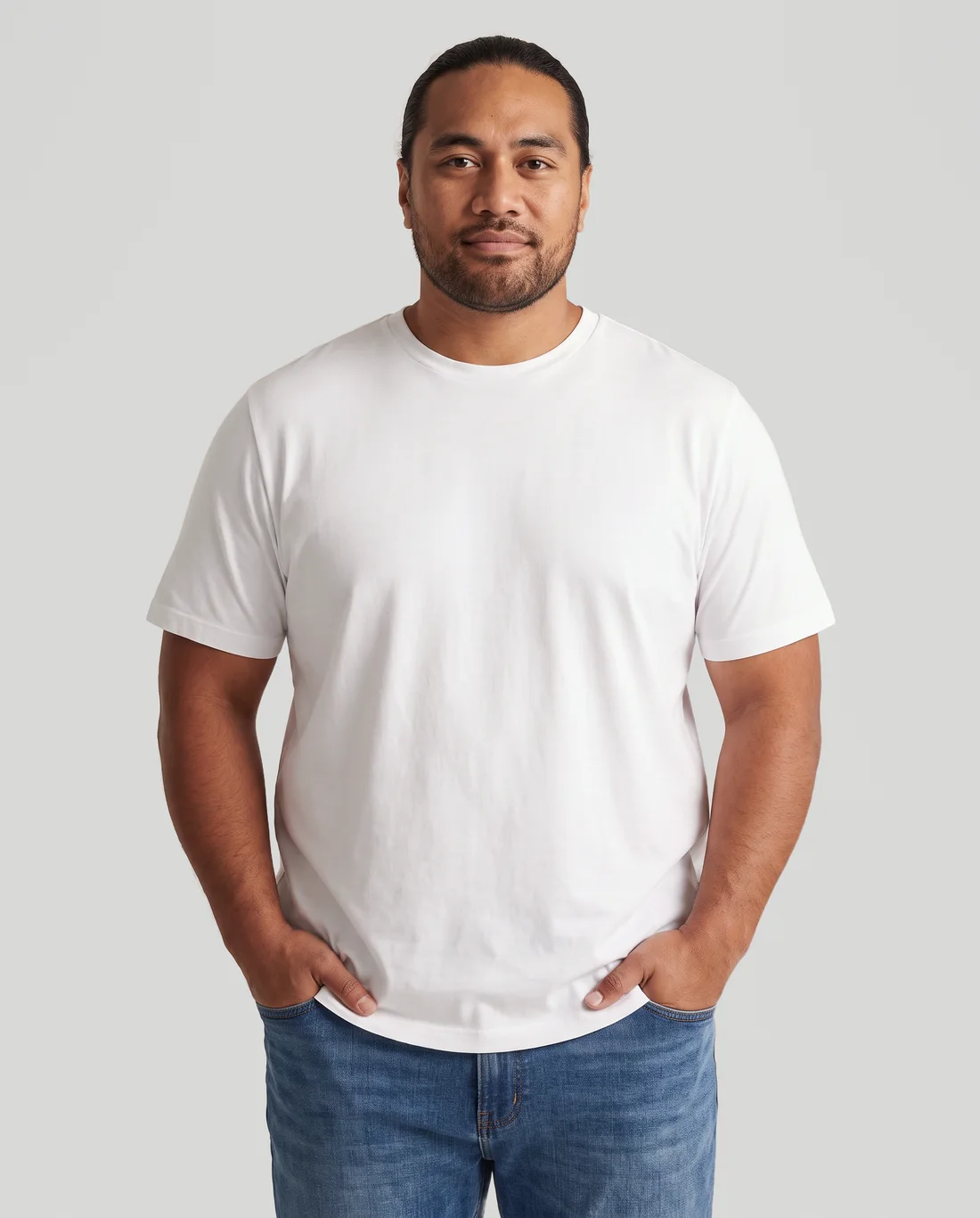 Men's Hybrid Relaxed tee in White, worn in size 2XL