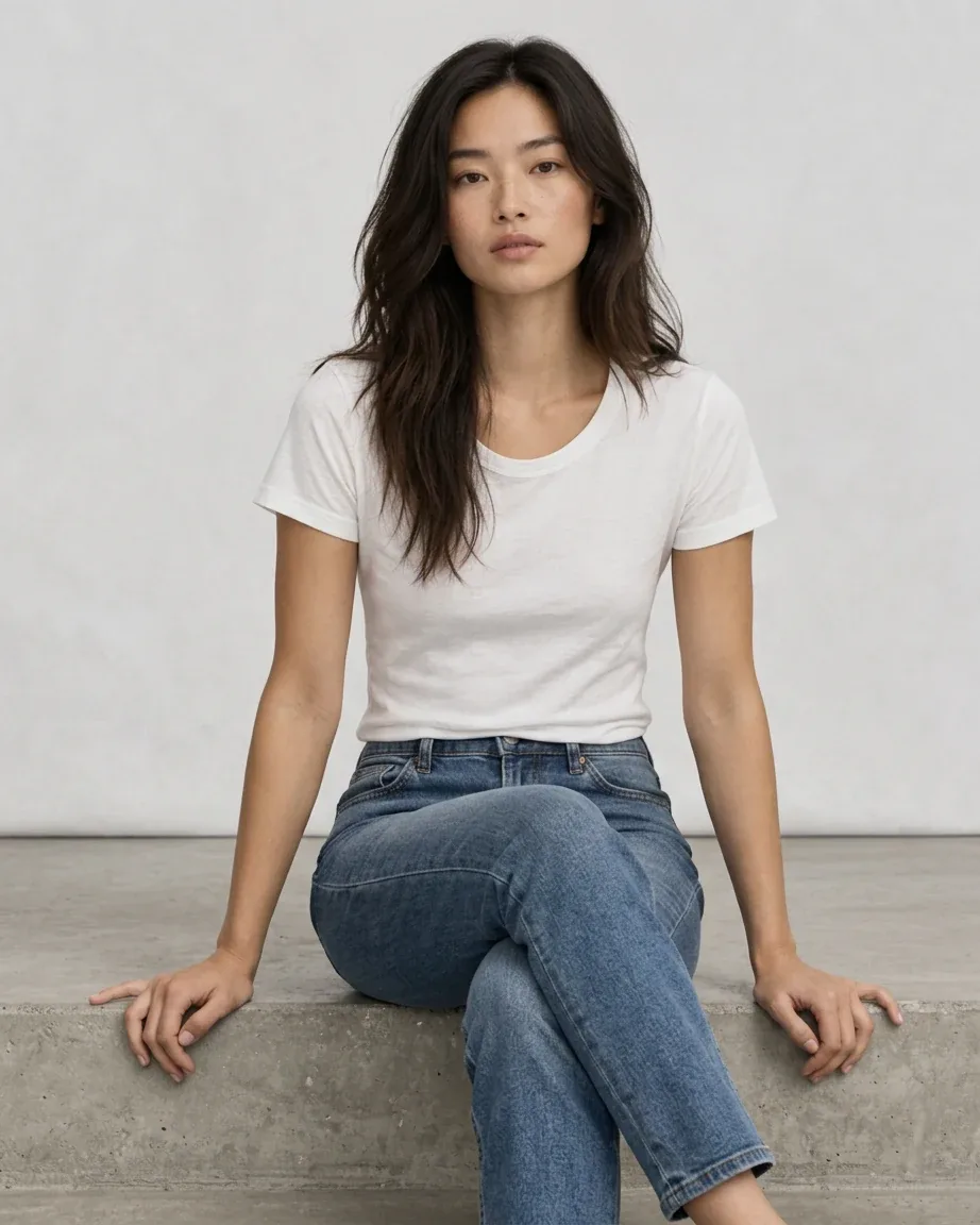 Women's Cotton Fitted, seated fit on model in the original shoot color