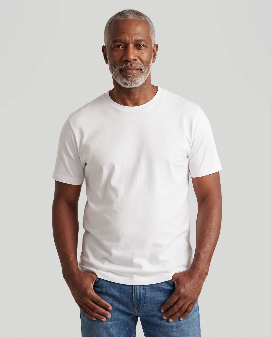 Men's Hybrid Relaxed tee in White, worn in size L
