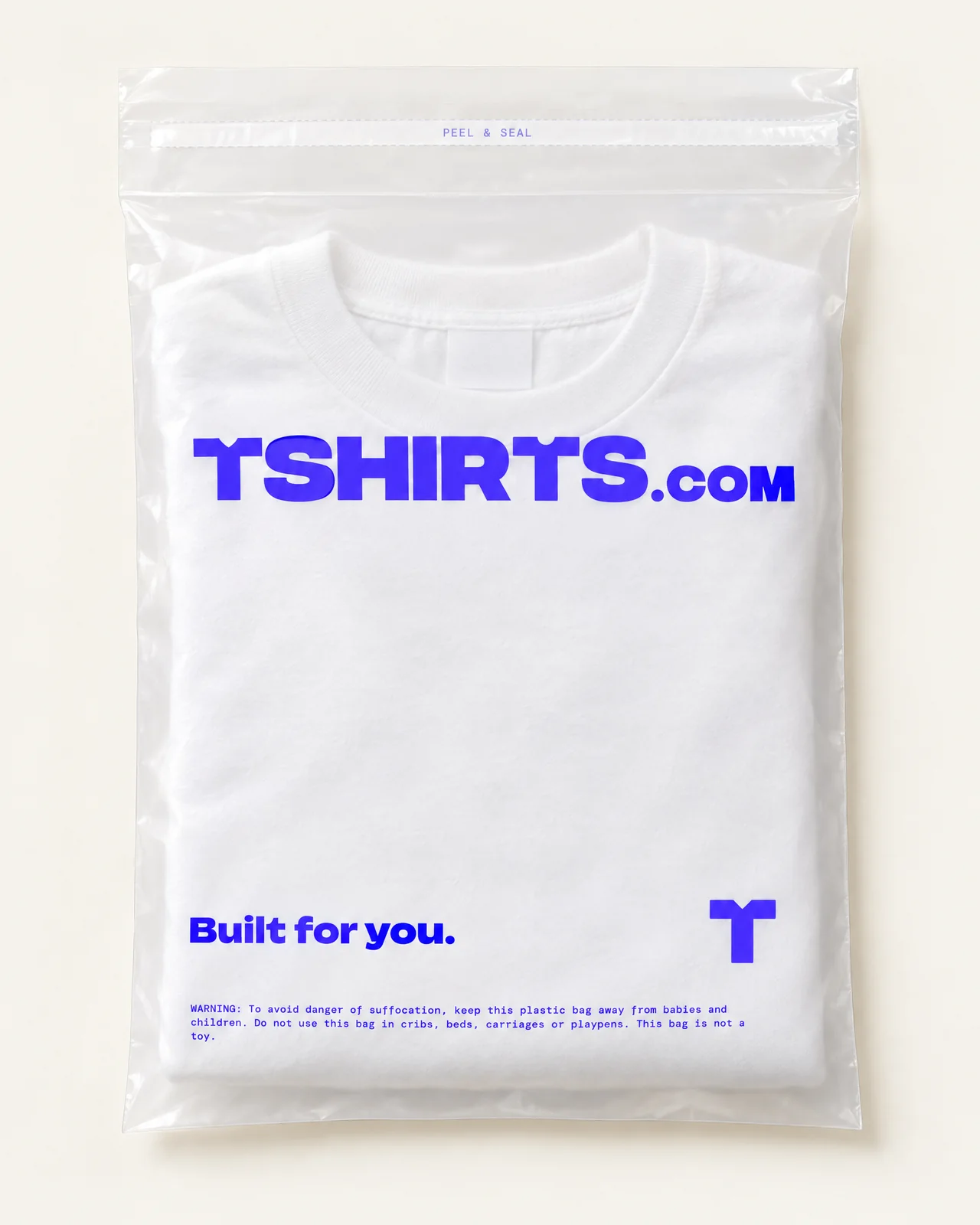 Frosted resealable poly bag with blue TSHIRTS.com print holding a folded tee