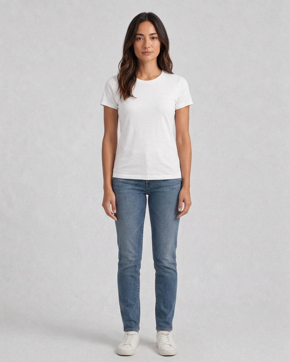 Women's Hybrid Fitted, full-length fit on model Women's Hybrid Fitted, full-length fit on model