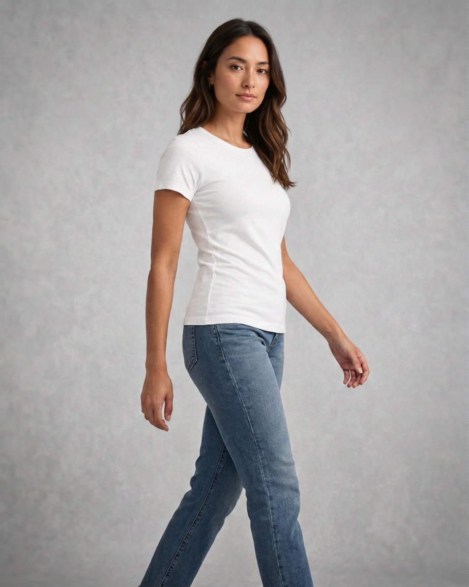 Women's Hybrid Fitted, walking fit on model Women's Hybrid Fitted, walking fit on model