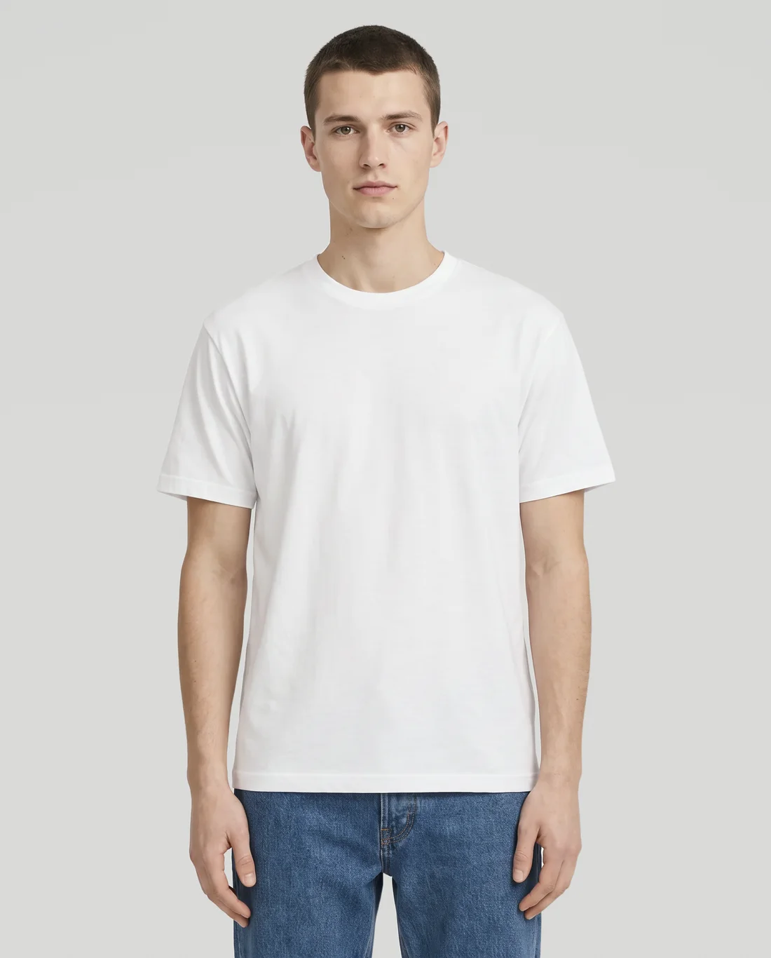 Men's Hybrid Relaxed tee in White, worn in size S