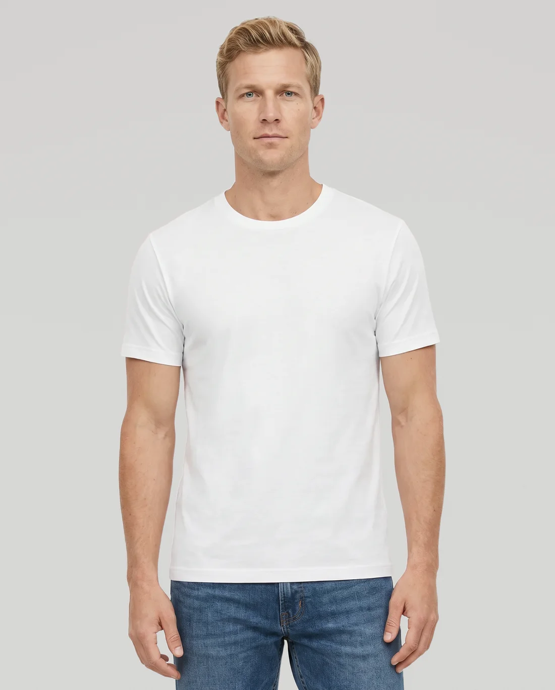 Men's Cotton Fitted tee in White, worn in size L