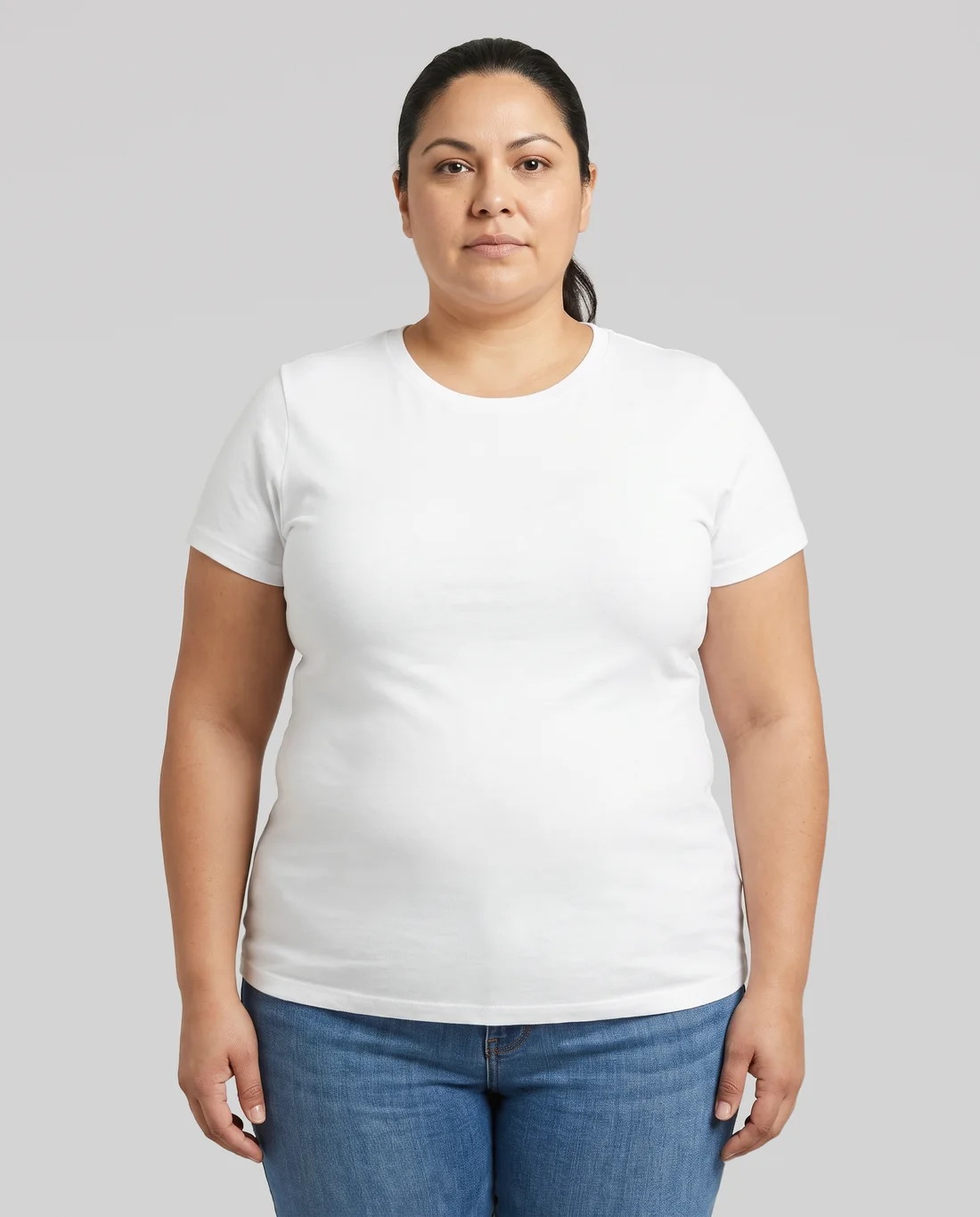 Women's Hybrid Fitted tee in White, worn in size 2XL