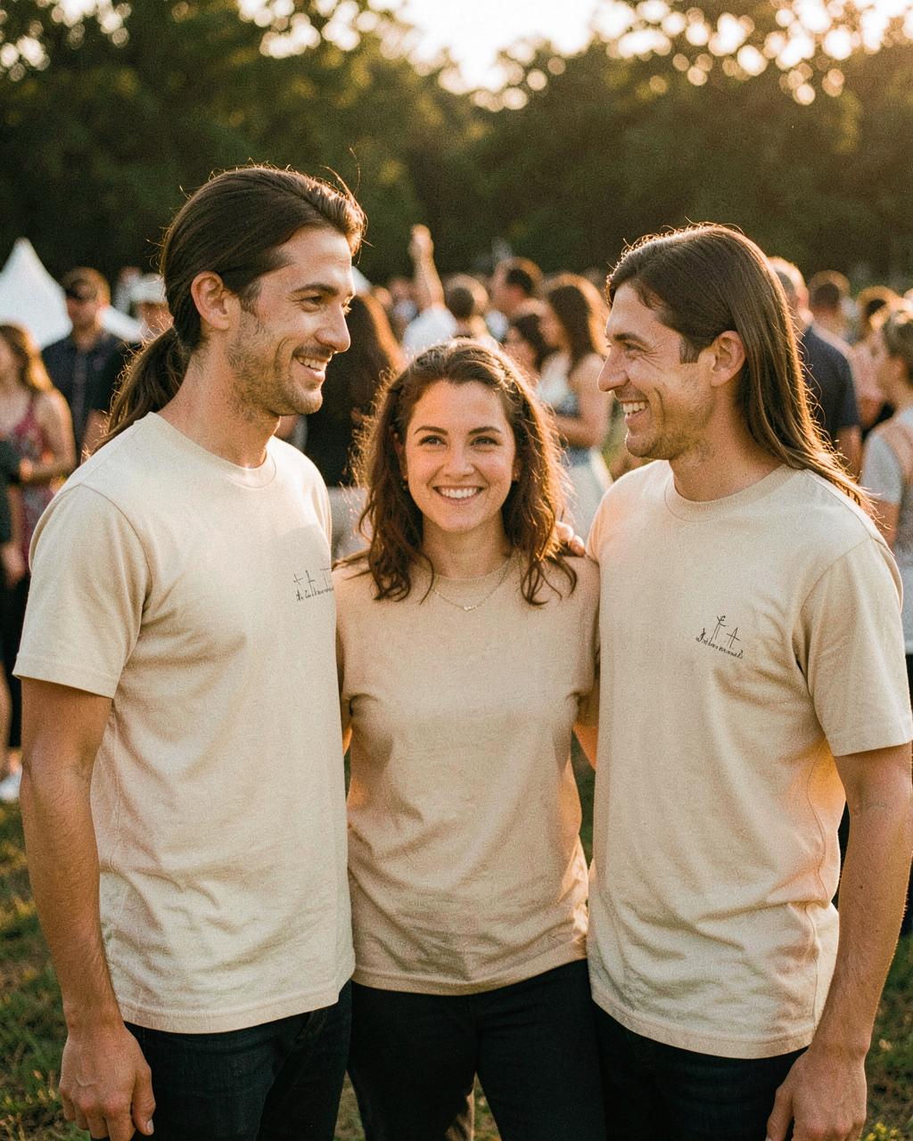 People wearing plain sand colored tees